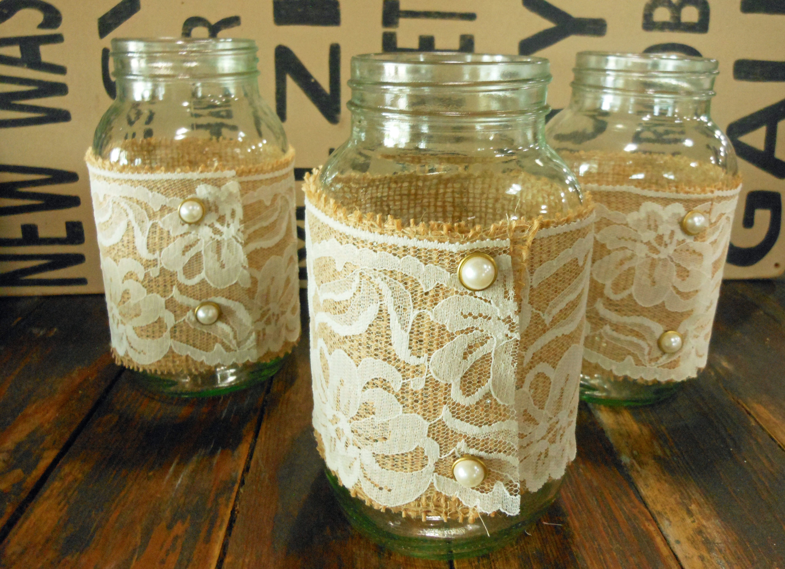6 Natural 6 in Round Burlap and White Lace Jar Covers with Jute String